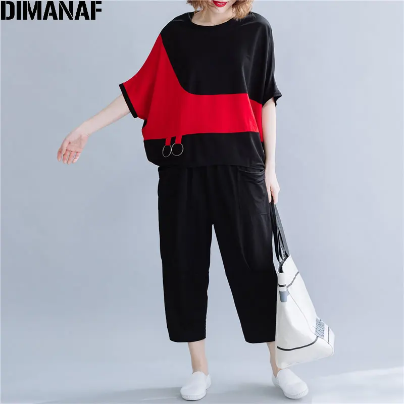 Wen99620CN-hong DIMANAF, женская летняя футболка размера плюс, рукав летучая мышь, хлопок, пэтчворк, красный, черный, женская мода, повседневные топы, туника с круглым вырезом, футболка - Цвет: Wen99620CN-hong