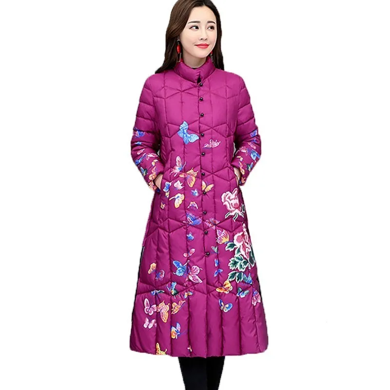 purple red Повседневная Длинная женская куртка размера плюс, 4XL,, китайский национальный стиль, парка, хлопковое зимнее пальто, женское винтажное пальто с принтом, A583 - Цвет: purple red