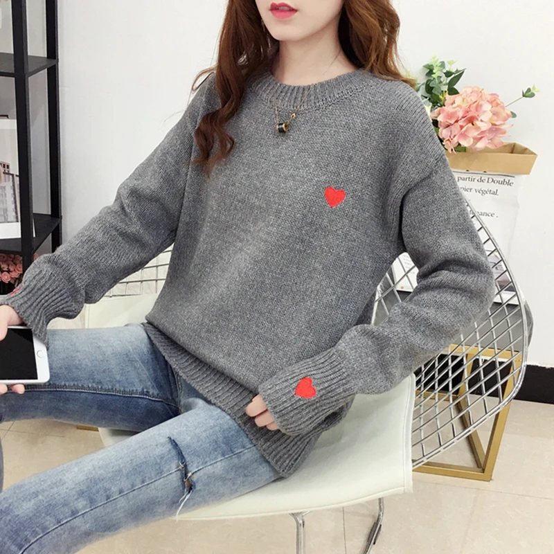 FMFSSOM Autumn Winter Knitted Heart Printed Women Pullovers Sweater Casual Woolen Warm O-neck Long Sleeve Female | Женская одежда