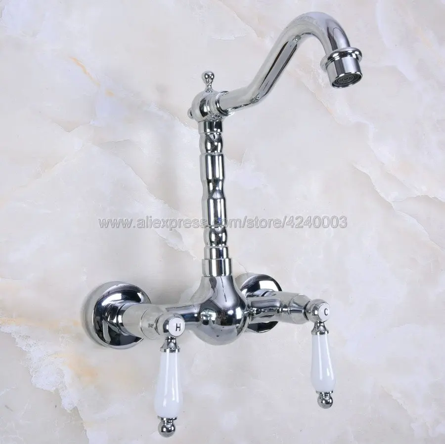 

Polished Chrome Dual Handles Bathroom Kitchen Vessel Sink Faucet Wall Mounted Kitchen Taps Hot and Cold Water Kna960