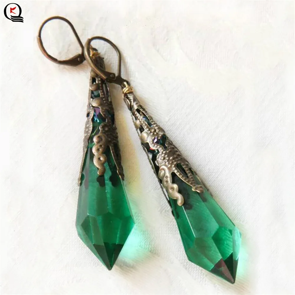 

Vintage Brass Crystal Long Drop Earring For Women Fashion Green Crystal Column Pendant Earring Female New Retro Jewelry Gifts