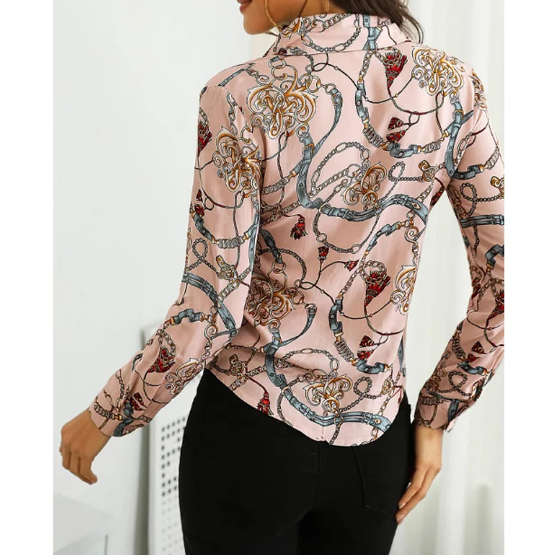 2019 Women Chain Print Casual Shirt Bow Front Office Lady Street Wear Long Sleeve Spring Fall Fashion Shirts |