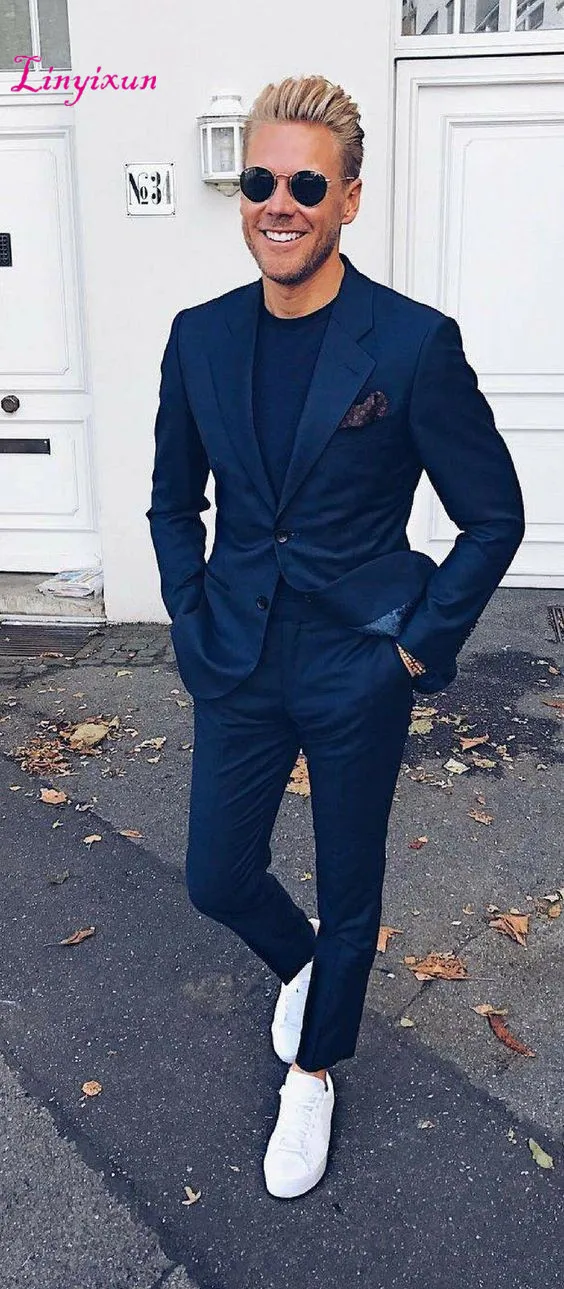 Linyixun Slim Fit синие костюмы для мужчин Повседневная Уличная одежда пляж Выпускной