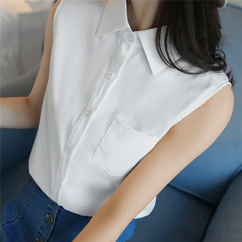 Отложной воротник дамы белые офисные рубашки без рукавов шифоновые блузки Femme