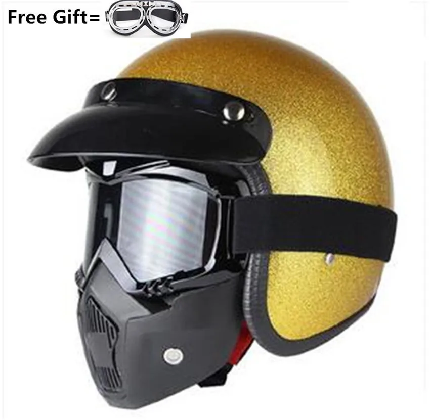 Gold with Mask 3/4 мотоциклетный шлем с открытым лицом, шлем для мотокросса КАСКО, винтажный Ретро шлем, блестящий чехол, ECE - Цвет: Gold with Mask