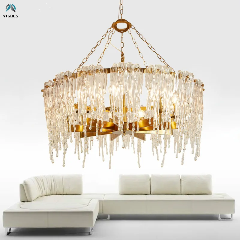 

Post Modern Luxury Deco Water-drop Glass Led Pendant Light Dining Room Straight Gold Metal Led Hanging Lamp Indoor Suspend Lamp