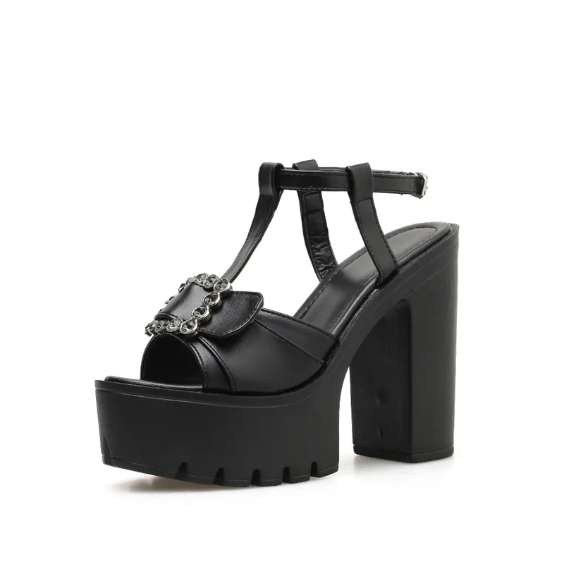 Женские босоножки на платформе YMECHIC черные высоком квадратном каблуке с ремешком