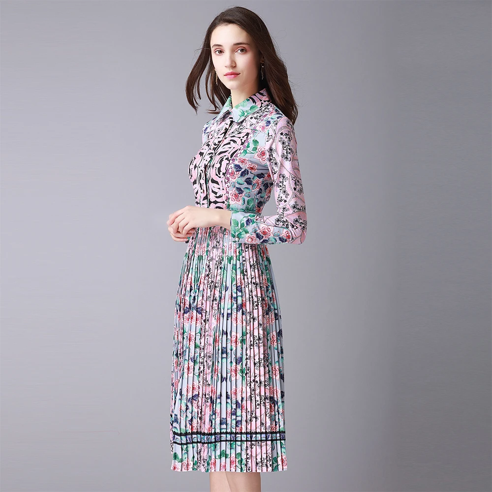 2018 New Fashion Pretty Print Pleated Dress High Quality Spring Turn-down Collar Knee-Length Slim Elegant Female | Женская одежда