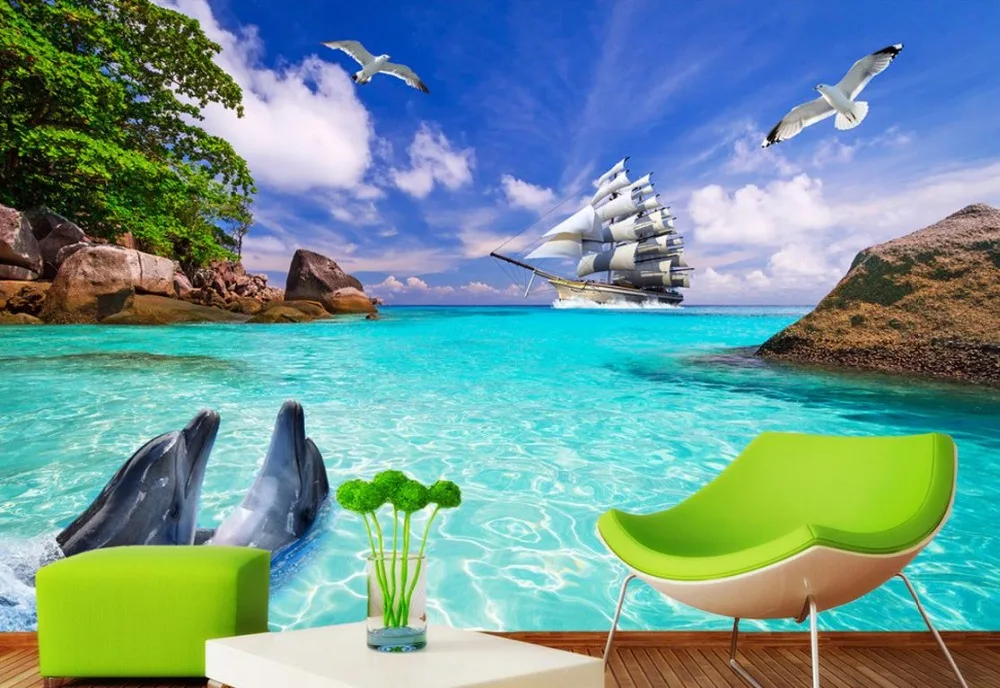 3d обои для комнаты дельфин залив парусник фон фреска фото Настенные |