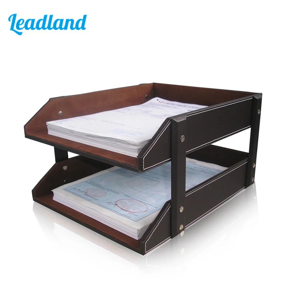 File Tray Double Layers Desk Set Document Organizer PU Leather Magazine Rack For Office Supplies A4 Paper Storage Tray Holder