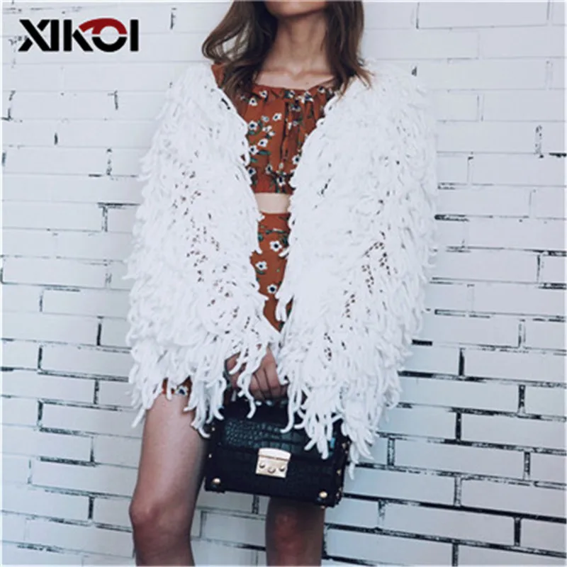 XIKOI шикарный теплый вязаный мохнатый белый кардиган, женский свитер, Мягкая Черная Женская куртка, пальто, Осень-зима, меховое пальто из искусственного меха