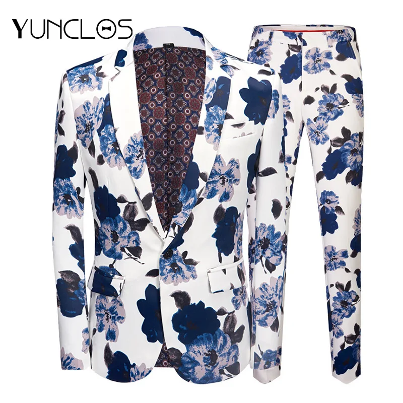 Мужской облегающий костюм YUNCLOS из 2 предметов с цветочным принтом куртка и брюки