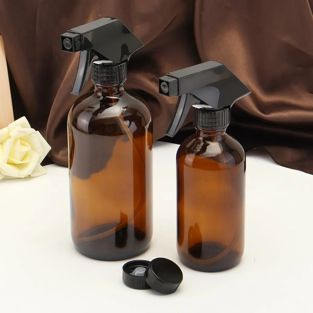

250/500ml Amber Glass Spray Bottles Essential Oil Aromatherapy Dispenser Cosmetic Cleaning Container With Black Sprayer Trigger
