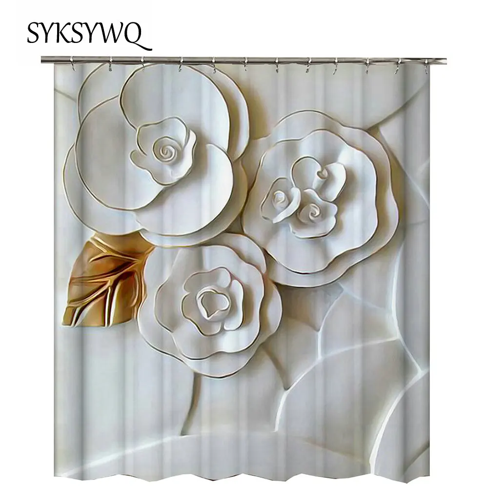 

Цветочная занавеска для душа, непроницаемая штора розового цвета с зелеными листьями, для ванной комнаты