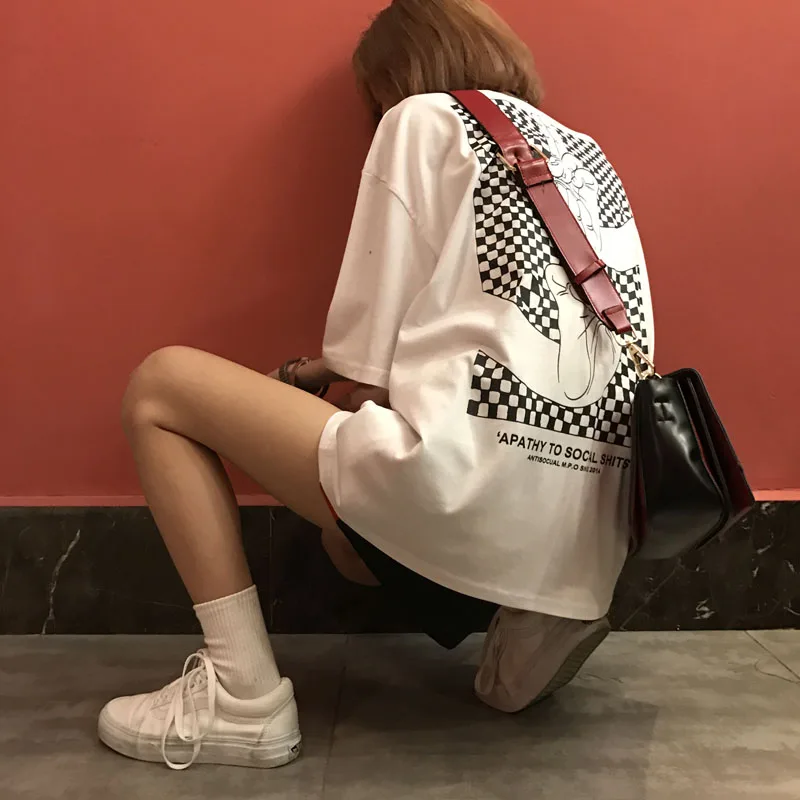 Ulzzang Харадзюку стиль личности отпечатанный палец свободная футболка лето новая пара короткий рукав Футболка женская