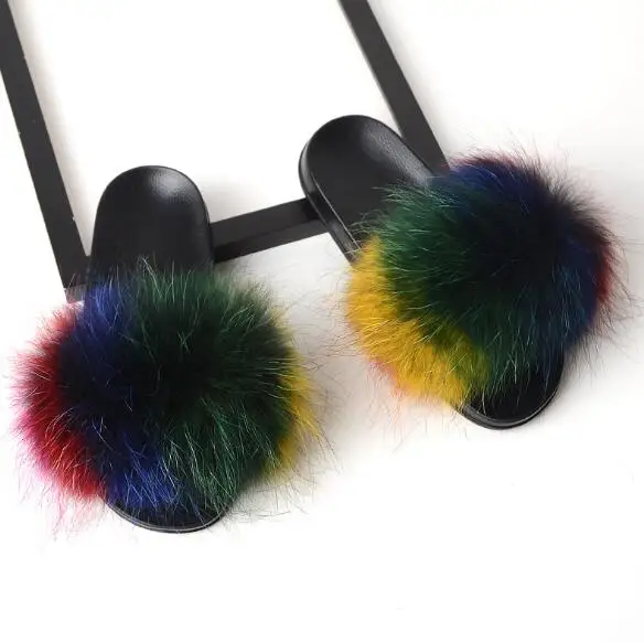 Fox Fur Mixed Тапочки из лисьего меха; женские домашние пушистые тапочки; Плюшевые Пушистые летние туфли на плоской подошве; Милая женская обувь; Лидер продаж; милая обувь; большой размер 45 - Цвет: Fox Fur Mixed