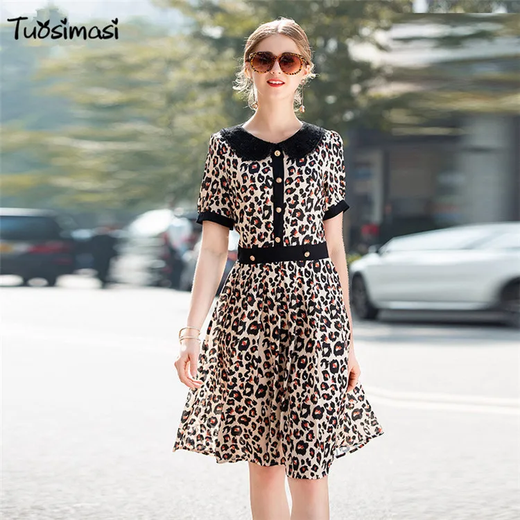 2019 Новое весенне летнее леопардовое платье с круглым вырезом и коротким рукавом