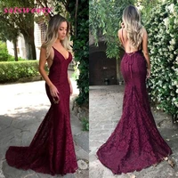 2022 dark red cut away side backless sexy prom dress spaghetti straps lace v neck mermaid bridesmaid dresses for party vestidos