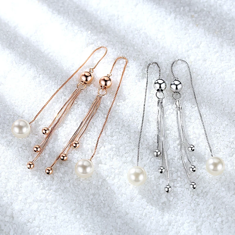 Висячие серьги из розового золота с имитацией жемчуга длинные серьги-цепочки