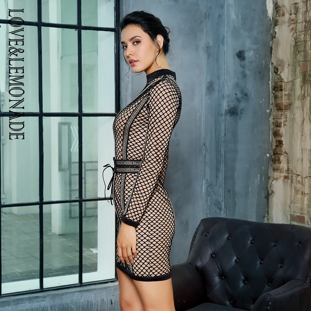 Женское вечернее платье LOVE & LEMONADE черное Сетчатое со съемным поясом и