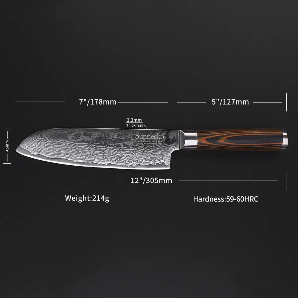 

Sunnecko 7" inch Santoku Knife Kitchen Knives Cutting Tools Damascus High Quality VG10 Steel Razor Sharp Blade 59-60HRC Hardness