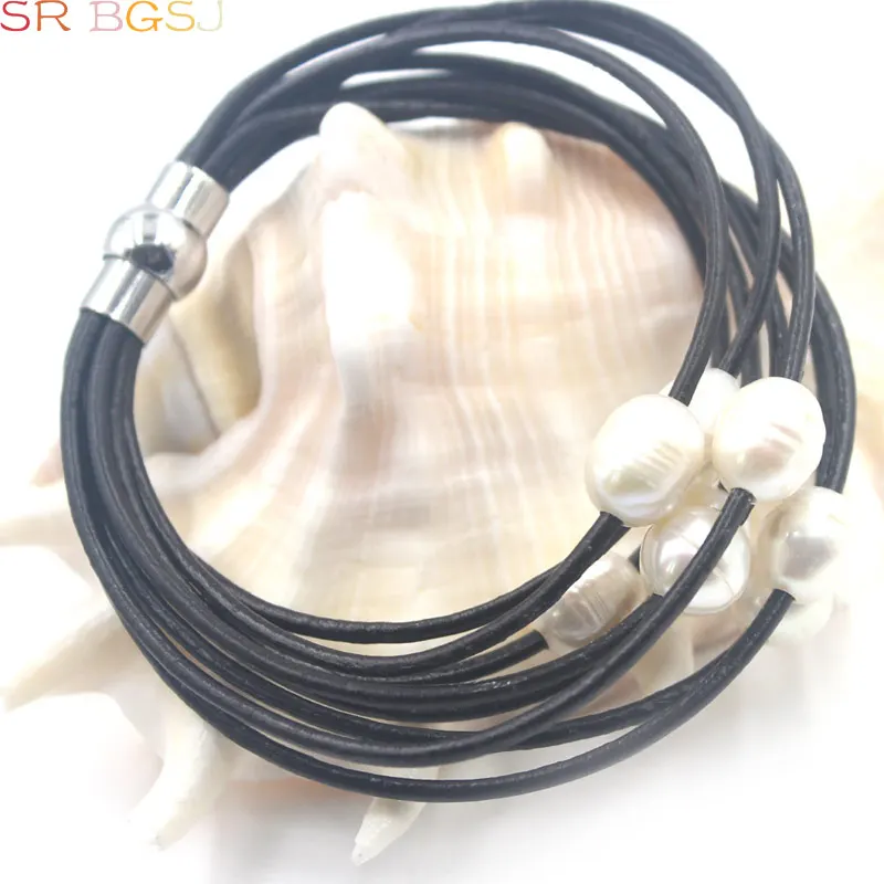 White Pearl В продаже! Подарочная упаковка! 10-12 мм пресноводный жемчуг 8-жильный стильный кожаный шнур Магнитный ювелирный женский браслет 7,5-8" - Окраска металла: White Pearl