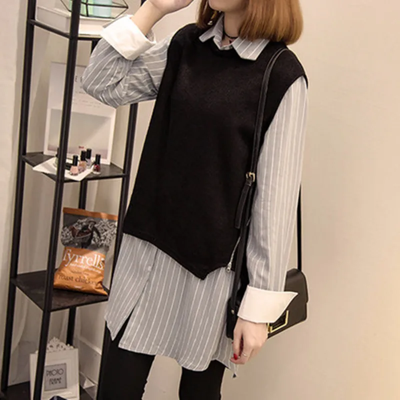 Женская модная свободная Длинная блузка в полоску весенний пуловер Плюс вязаный