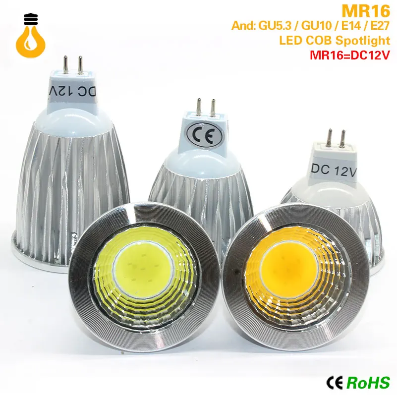 Bombilla de foco MR16 E27 E14 GU10 GU5.3 COB затемнения 7 ваттов 9 12 светодиодный alta potencia luz caliente/blanco