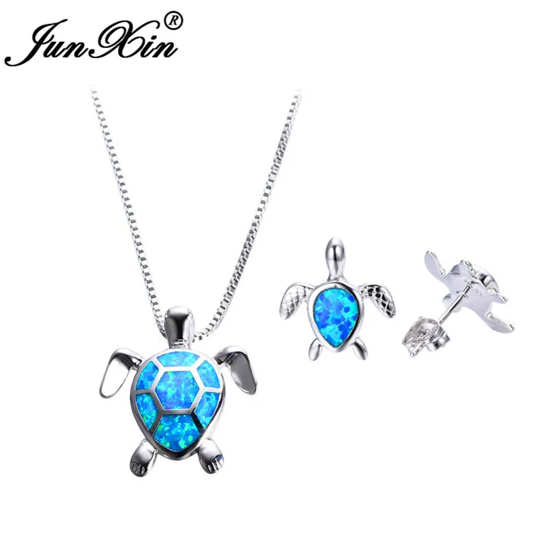 JUNXIN Синий огненный опал Черепаха ожерелье/серьги гвоздики ювелирные наборы животных для женщин Серебряный