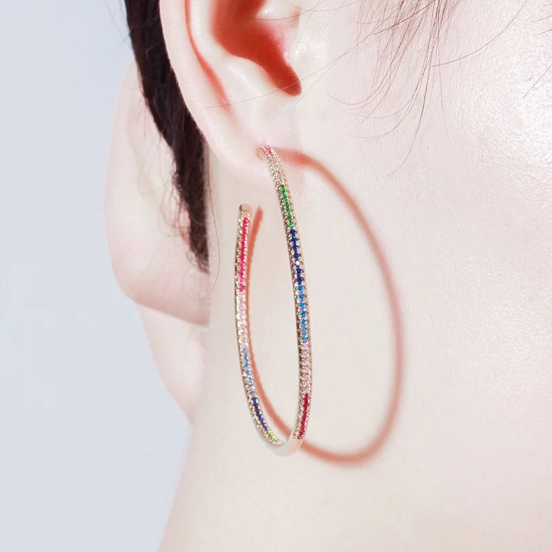 Pera Chic Colorful Cubic Zirconia Delicate Simple Rainbow Big Round Circle Gold Thin Hoop Earrings Jewelry for Women Gift E402 | Украшения