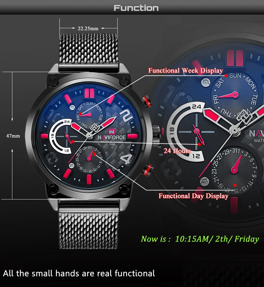 Топ бренд NAVIFORCE модные повседневные кварцевые часы мужские 30 м водонепроницаемые спортивные часы мужские сетчатые часы из нержавеющей стали 24 часа часы