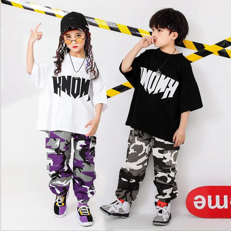 

Fashion Kids Jazz Hip Hop Dancing Costumes for Girls Boys Short Sleeve T Shirt Top Jogger Pants Ballroom Dance Clothes Show Wear