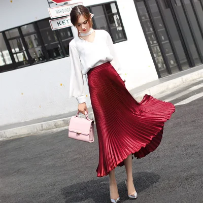 wine red(long 83cm) Летняя модная винтажная Серебристая золотая металлическая однотонная Расклешенная юбка макси с высокой талией, пляжные длинные плиссированные юбки для женщин - Цвет: wine red(long 83cm)