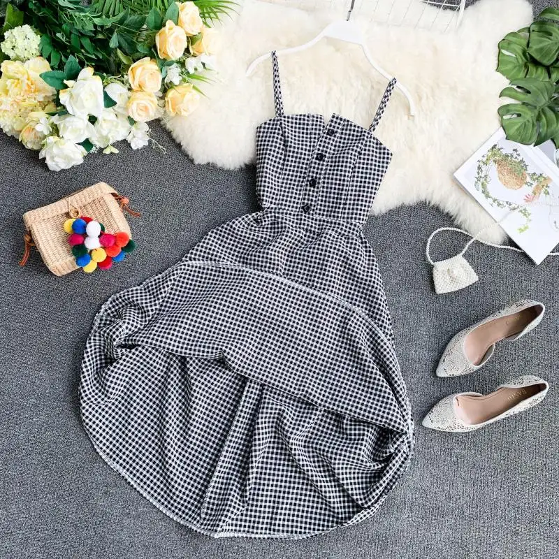 2019 летнее женское клетчатое платье однобортное винтажное ТРАПЕЦИЕВИДНОЕ