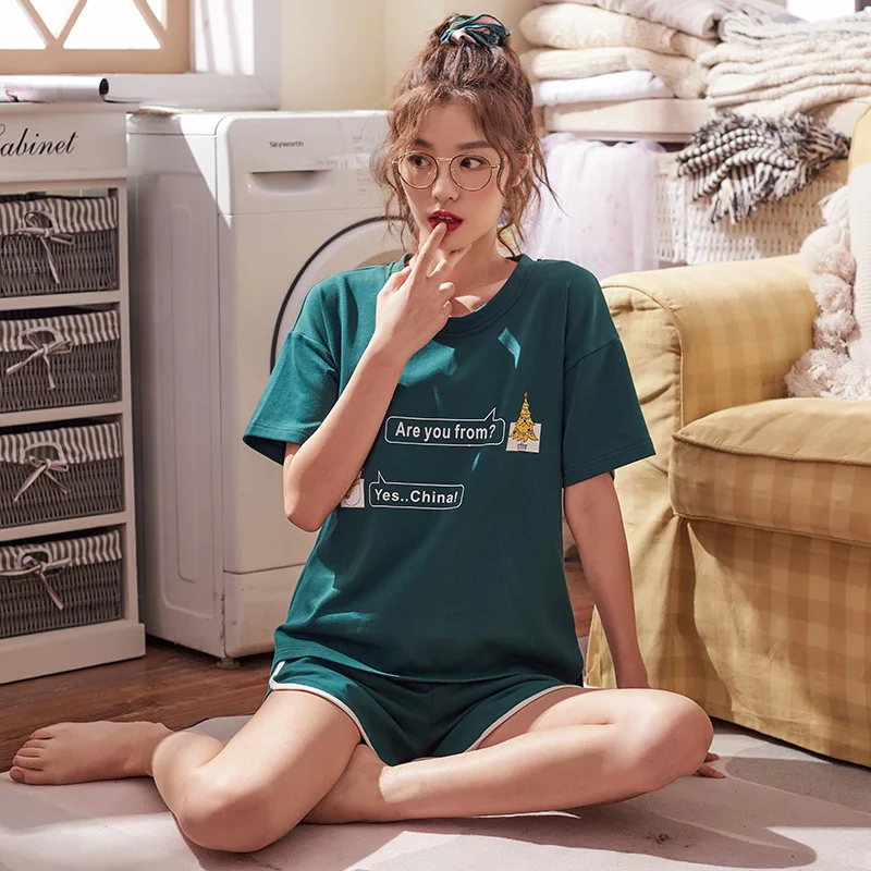 Пижама с коротким рукавом женский летний хлопковый костюм 2 предмета домашняя