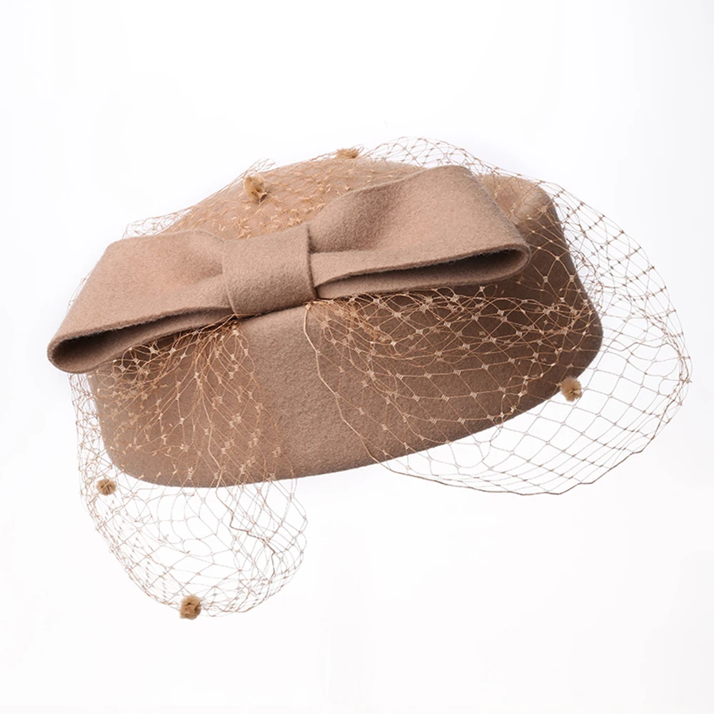Fascinator Hats for Women Fedora Hats Black Red Autumn Winter Veil Wool Felt Pillbox Hat for Formal Cocktail Party Wedding Hat