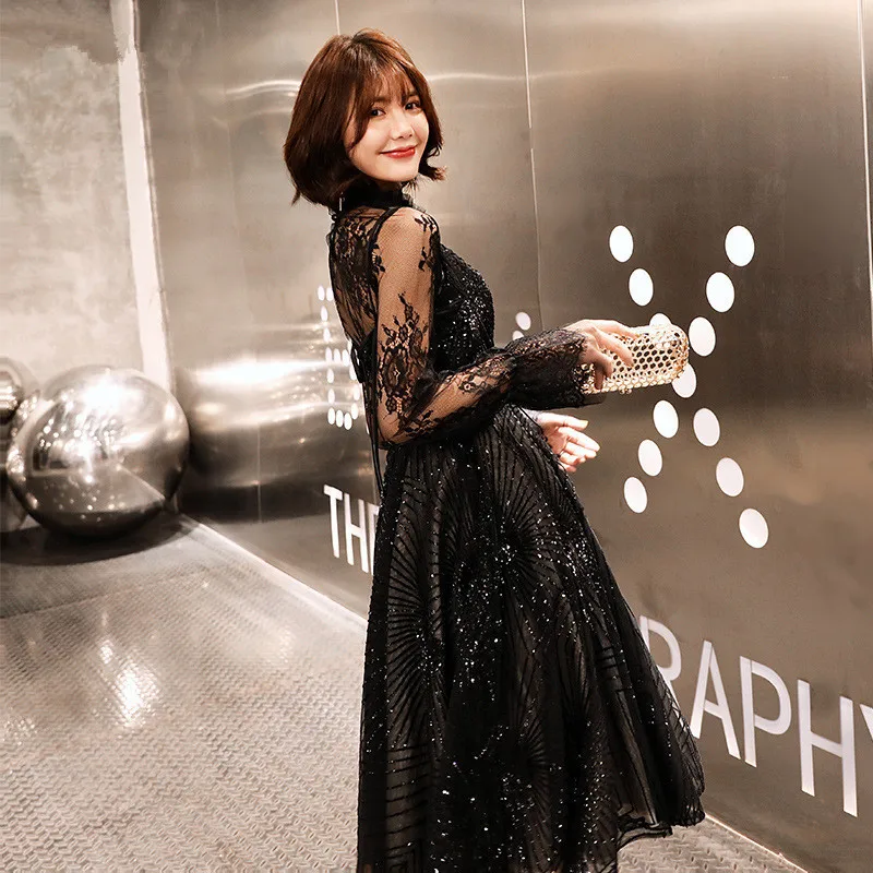 Платье для выпускного вечера черное сексуальное кружевное длинное блестящее