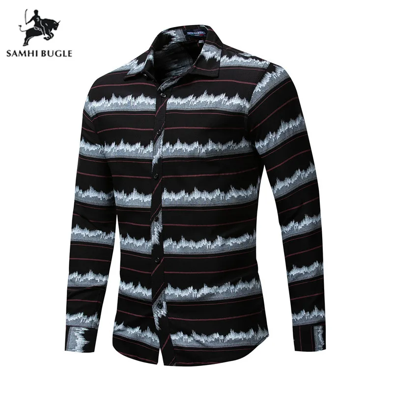 Мужская хлопковая рубашка с длинным рукавом повседневная классическая в полоску