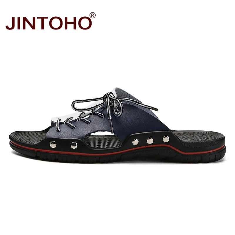 Летняя мужская обувь JINTOHO из натуральной кожи модные мужские кожаные тапочки