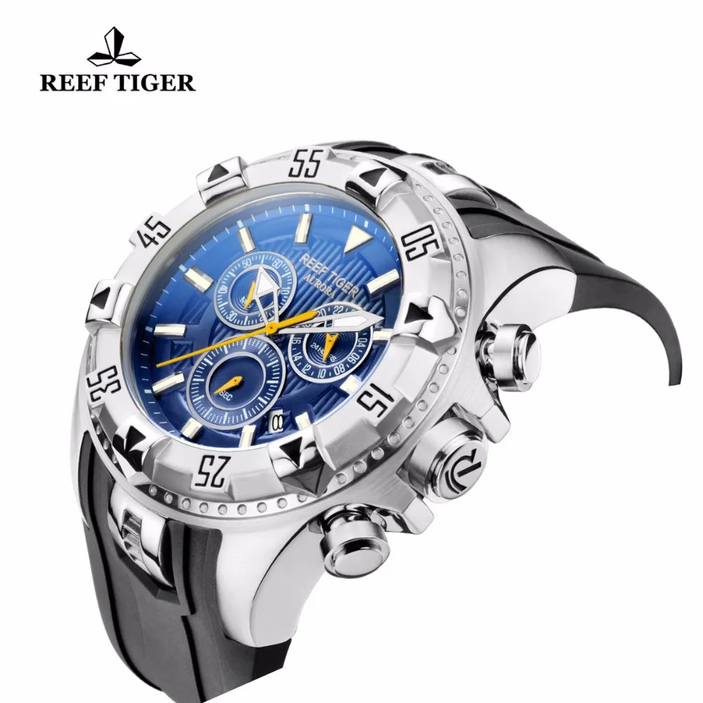 Reef Tiger/RT повседневные спортивные часы хронограф и дата большой циферблат Супер Светящиеся стальные спортивные часы для мужчин RGA303