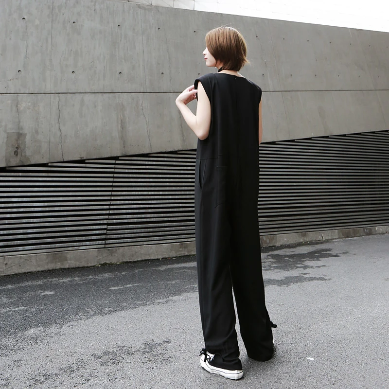 New 2019 Korean Style Women Solid Black Romper Jumpsuit Full Length V Neck Sleeveless Female Casual Overalls Pants 9000 | Женская одежда