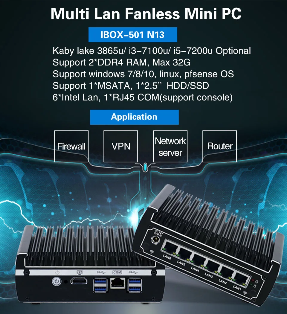 Minisys маленький домашний брандмауэр сервер 6 Lan порт Intel Kaby lake Core I5-7200U процессор безвентиляторный ВПН Pfsense Мини ПК с 4 USB3.0 AES-NI