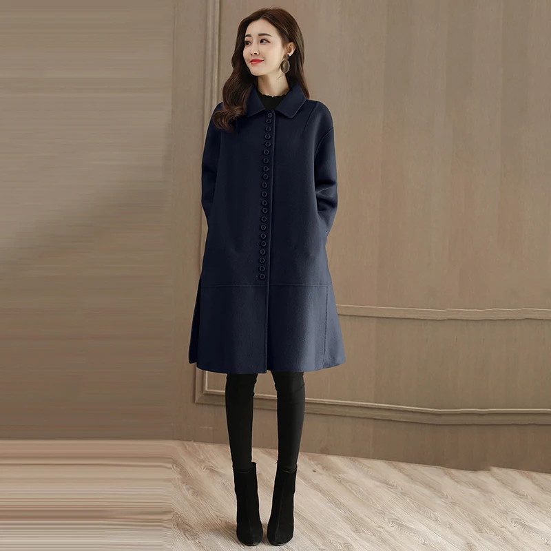 Верхняя одежда осень зима модное однобортное темно синее шерстяное пальто