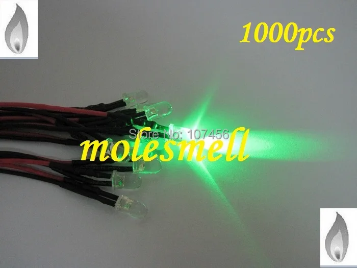 Free shipping 1000pcs 5mm green Flicker 12V Pre-Wired Water Clear LED Leds Candle green Light 20CM