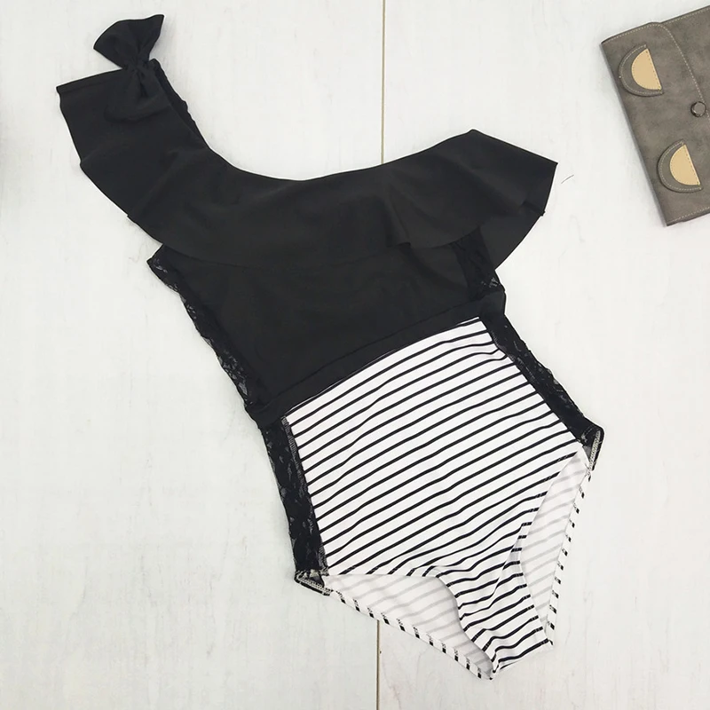 Женский купальный костюм с высокой талией монокини пуш ап черные плечевые