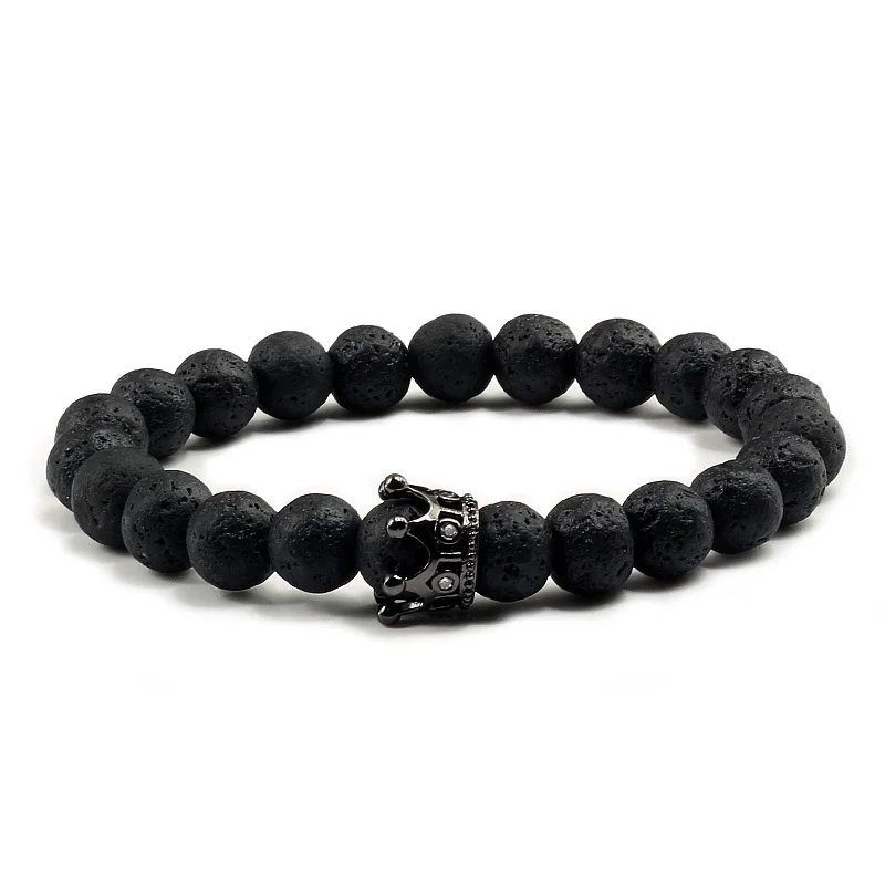 Black Lava Black Классический натуральный черный вулканический камень Для мужчин бусины Браслеты браслеты шарма белого золота Для женщин Crown Tiger глаз браслет для мужчин, мужская Бижутерия Аксессуары - Окраска металла: Black Lava Black