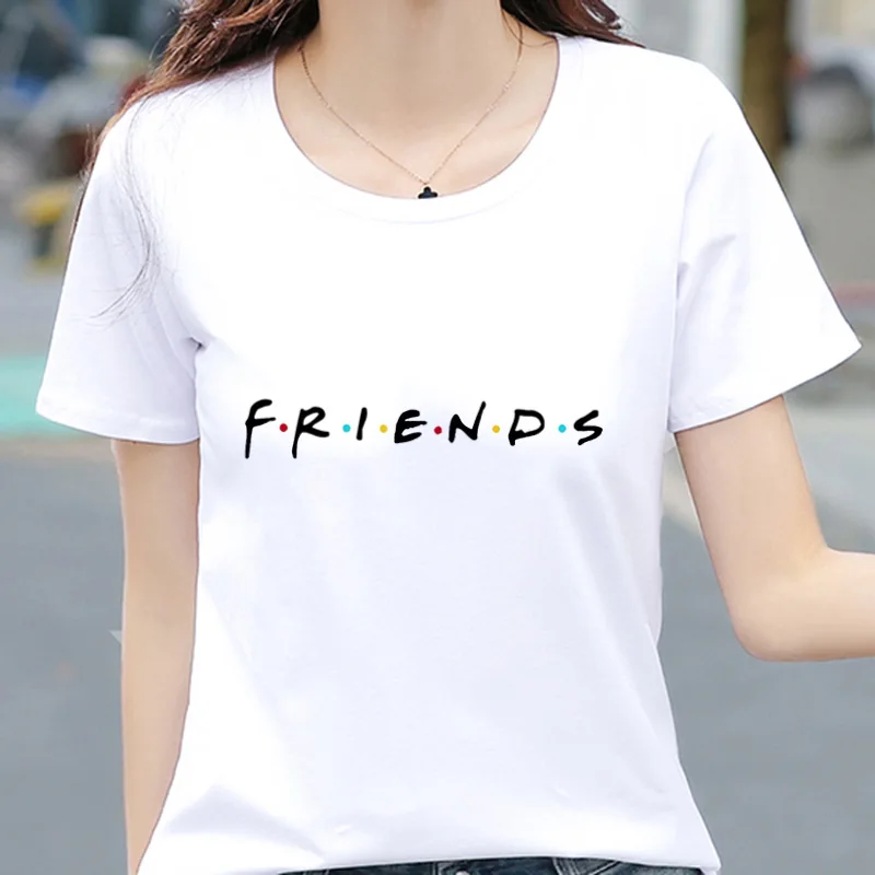 

Женская футболка с коротким рукавом, круглым вырезом и надписью «friends»