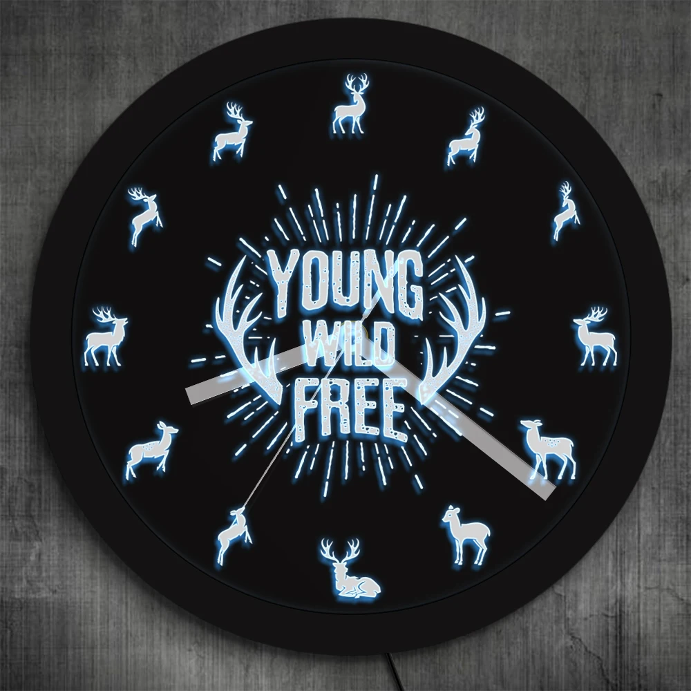 Young Wild Free вдохновляющие цитаты оленьи рога настенные часы со светодиодной