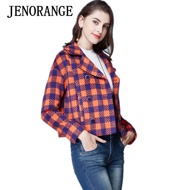 JENORANGE бренд женские зимние случайный стиль двубортный плед шерсть короткая