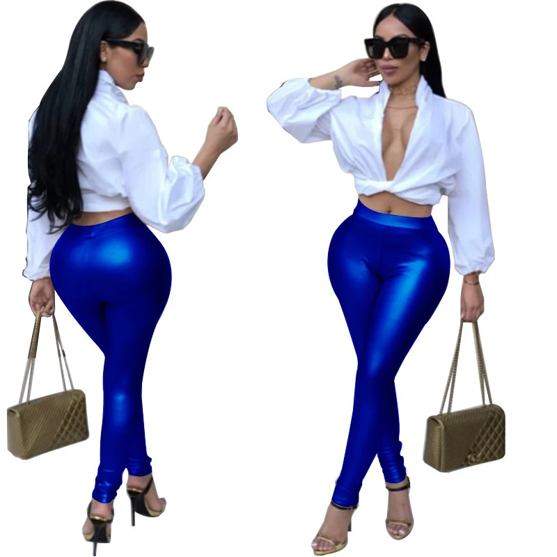 2018 Горячая мода весна лето женские эластичные брюки из искусственной кожи PU